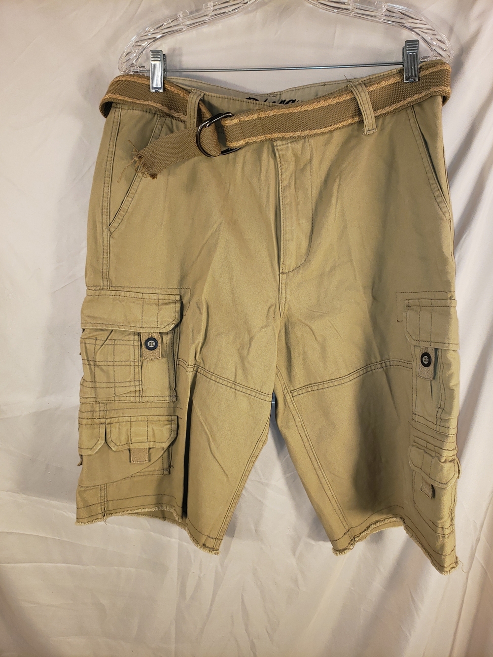 Plugg Men's Tan Cargo Shorts with Webbing Belt - 32